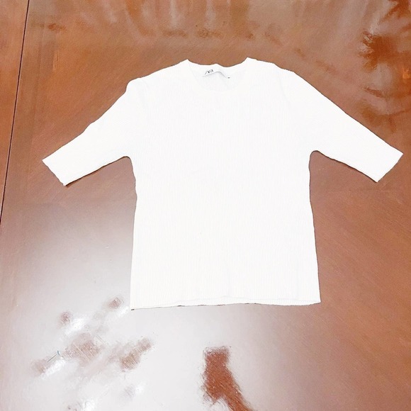 Zara White Crew Neck Top Ribbed SZ S - Picture 5 of 8